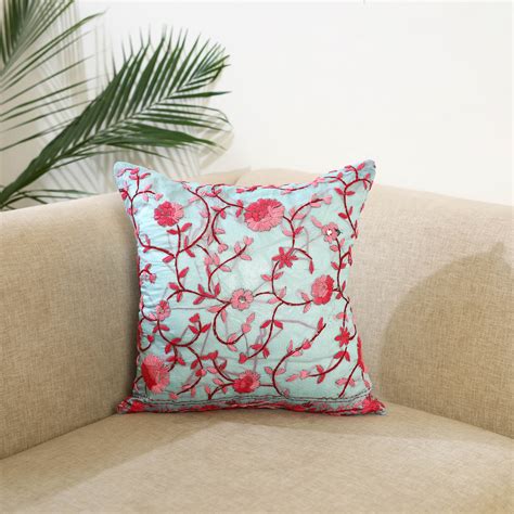 Blue Hand Embroidery Cushion Cover in Chanderi Silk
