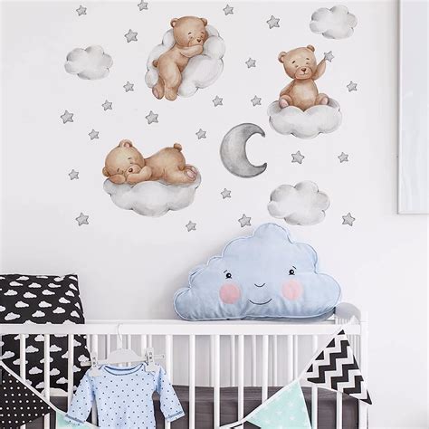 Buy HOMSHIAM Teddy Bear Sleeping on The Moon and Stars Wall Stickers ...