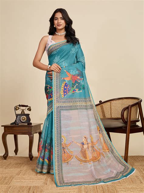 Buy Sea Green Linen Saree With Jari Border All Over Single Colour ...