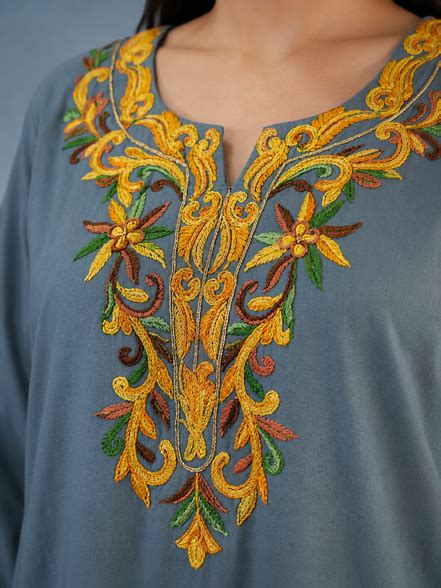 Ruhi Grey Kashmiri Kaftan Kurta with Golden & Green Embroidered Round ...