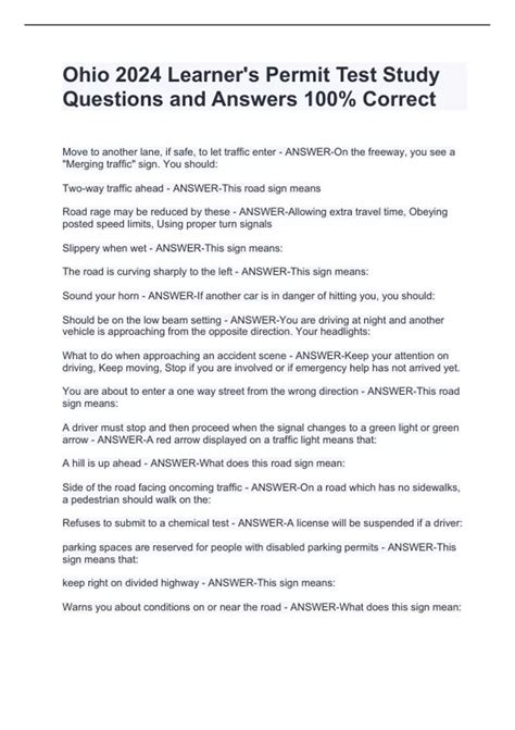 Ohio 2024 Learner's Permit Test Study Questions and Answers 100% ...