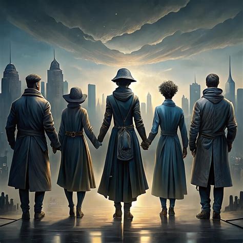 Four people holding hands in front of a city skyline | Premium AI ...