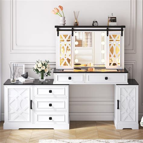 Amazon.com: FREDEES Large Vanity Desk with Mirror and Lights, Farmhouse ...