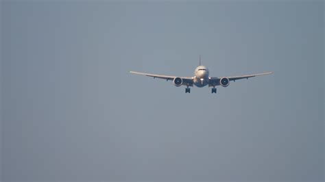 The plane is landing on the background of the sky, front view. Concept ...