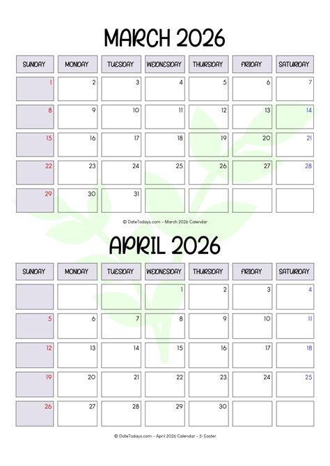 March April 2026 Calendar Printable PDF - 2 Month Calendar