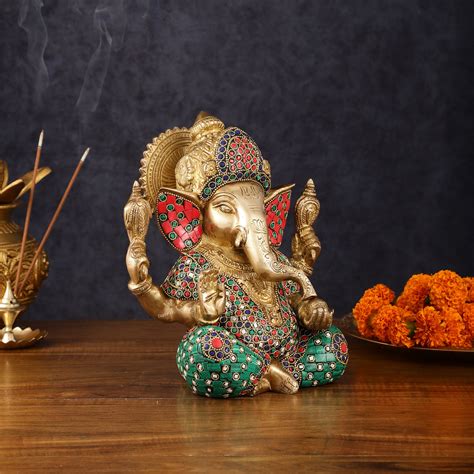 Buy Handcrafted Pure Brass Ganesha Idol with Natural Color Stones - 8 ...