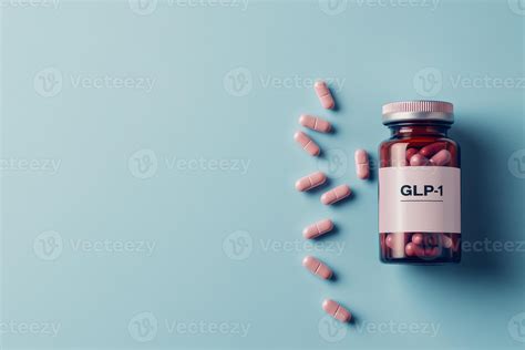 The image features a prominently labeled GLP1 vial surrounded by various capsules, emphasizing ...
