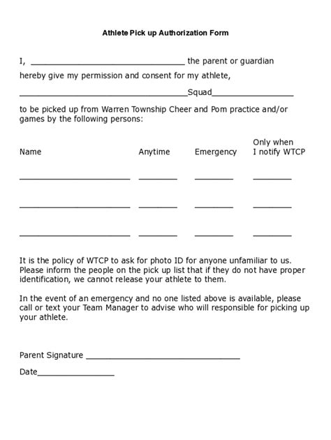 Fillable Online Athlete Pick up Authorization Form Fax Email Print ...