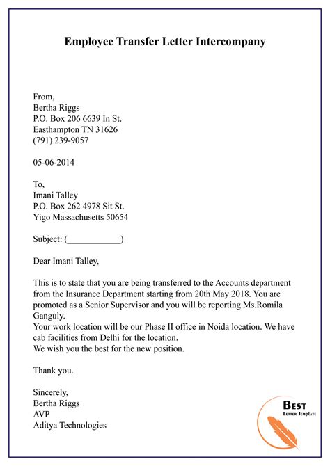 Image result for Work Transfer Letter Sample