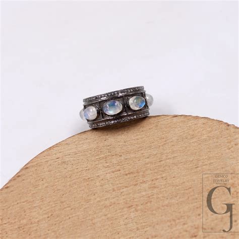 Natural Rainbow Moonstone Band Ring With Pave Diamonds In 925 Sterling ...