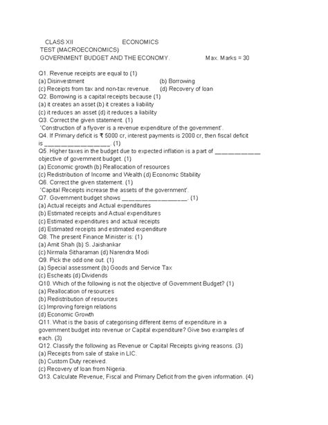 Govt Budget & Economy - Class XII Eco Test (Macroeconomics) - Studocu