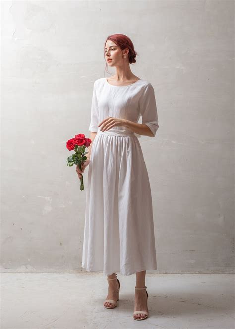 Modest Linen Wedding Dress SEOUL, White Linen Dress, Linen Midi Dress ...