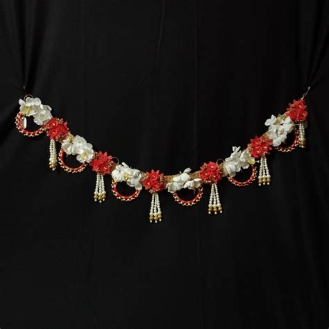 Red and White Floral Toran with Pearl Tassels