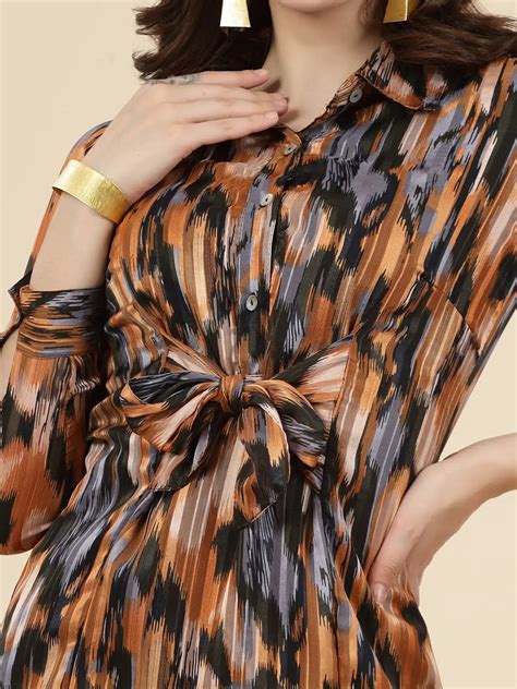 Abstract Print Cuffed Sleeves Shirt Style Dress – CINK