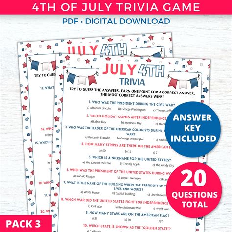 4th of July Trivia Printable, 4th of July Games, Independence Day ...
