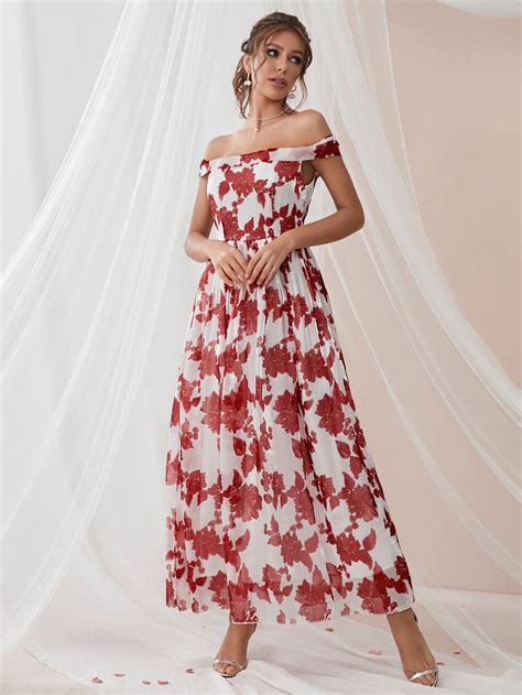 Red White Floral Print Off Shoulder Organza Bridesmaid Dress – Wear.Style