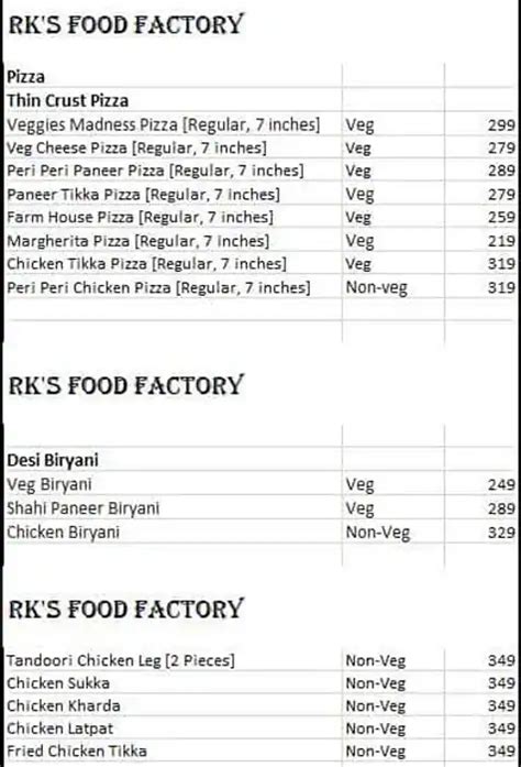 Menu of RK’s Food Factory, Chandan Nagar, Pune
