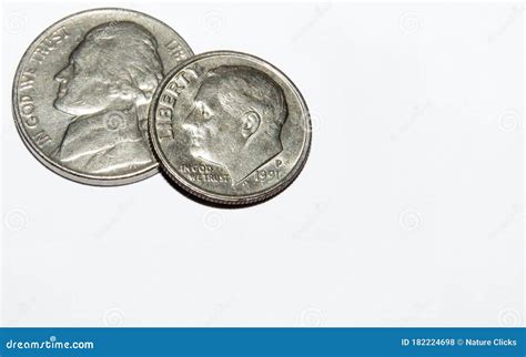 Dime and Nickel Coins Together on White Background. Stock Photo - Image ...