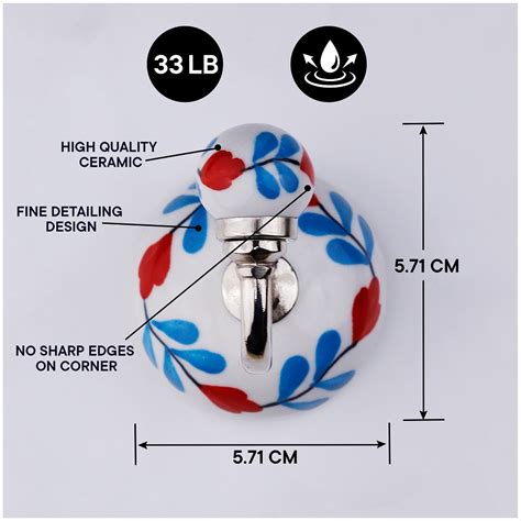 6 Pieces Decorative Multicolor Floral Ceramic Round Wall Hooks