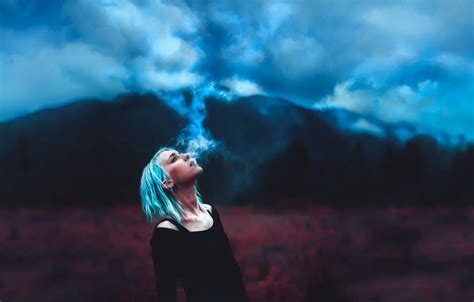 Wallpaper girl, landscape, fading storm, blue smoke for mobile and ...
