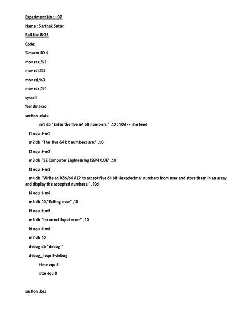 Experiment No. 07: ALP for 5 Hexadecimal Numbers Input & Display (IO 4 ...