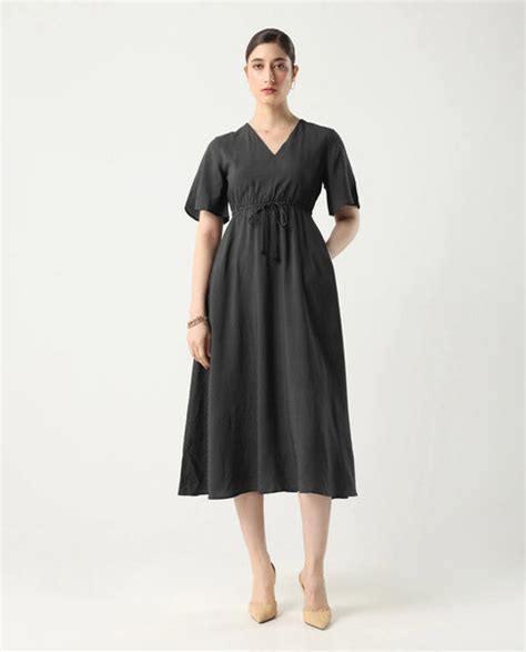 Rareism Women's Eloys Black Viscose V-Neck Flared Printed Midi Dress