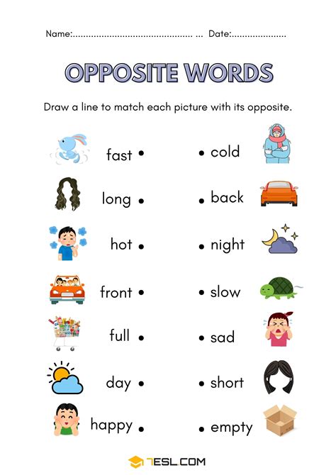 Opposite Words Worksheets: Free Antonyms Exercises & PDF • 7ESL