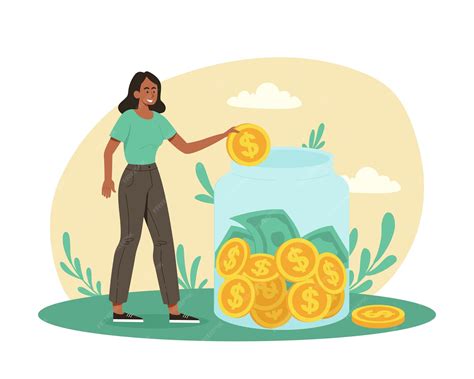 Premium Vector | Woman saving money character puts gold coins in glass jar metaphor for family ...