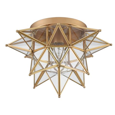 Brass Moravian Star Ceiling Light Transparent Glass 15-in | Claxy