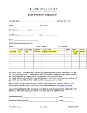 Fillable Online trine Dual Enrollment Registration - Trine University ...