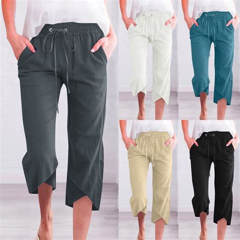 Feancey Wide Leg Cropped Pants for Women Summer Comfy Linen Capri Pants ...