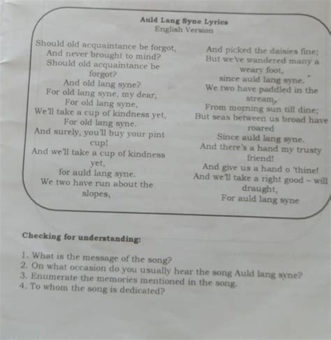 Checking for understanding: 1. What is the message of the song? 2. On ...