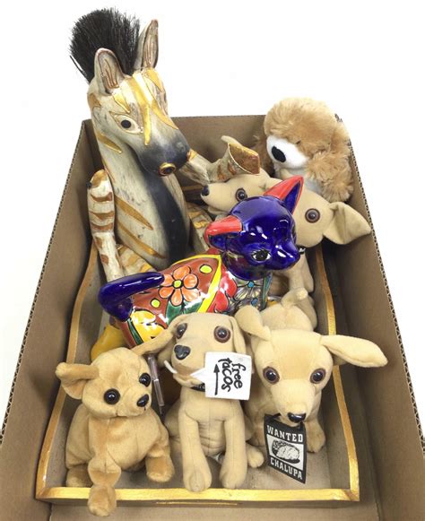 Lot - (9) Plush Taco Bell Dogs, Wooden Zebra