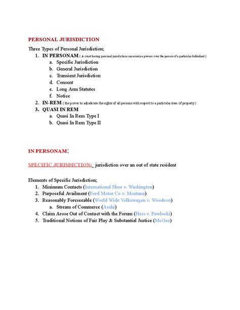 Civil Procedure Outline - PERSONAL JURISDICTION Three Types of Personal ...