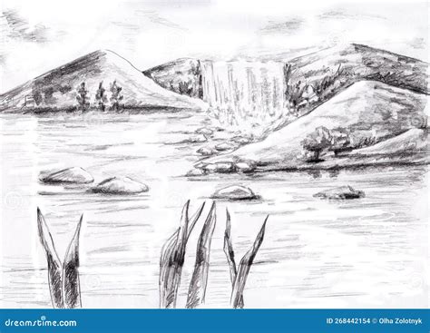 Pencil Drawing of Nature. Mountains. Waterfall Stock Vector - Illustration of farming, outline ...