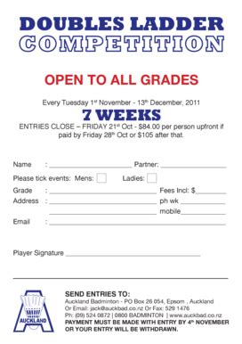 Fillable Online Doubles Ladder 2011 - Entry Form Fax Email Print ...