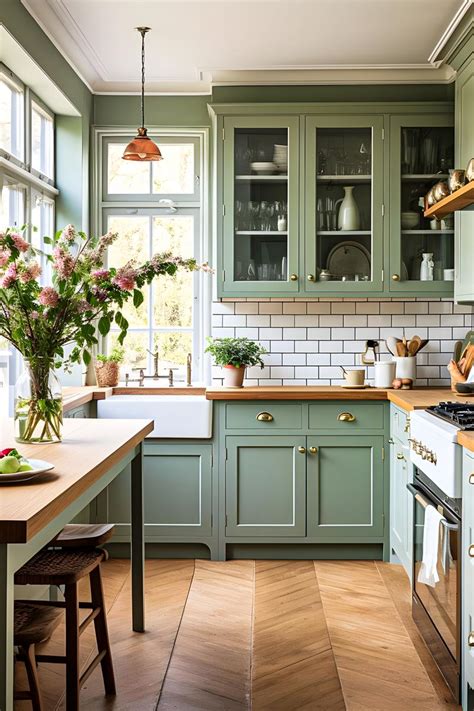 Charming kitchen with pastel green cabinets, subway tiles, and brass ...