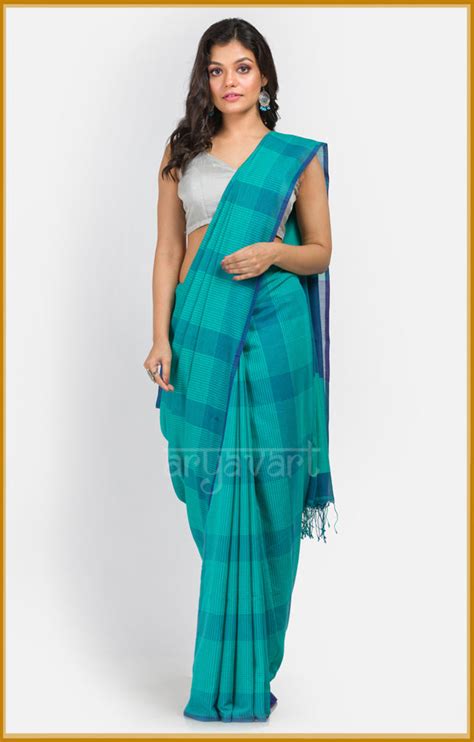 Torquiest pure cotton saree with blue checks – Thearyavart