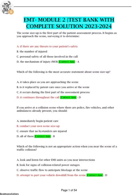 EMT- MODULE 2 |TEST BANK WITH COMPLETE SOLUTION - EMT - Stuvia US