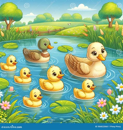 A Happy Family of Ducks in a Pond, with the Fluffy Ducklings Following ...