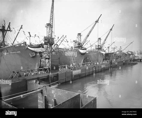 Five 10,000-ton cargo carriers, built for Britain, are floated ...