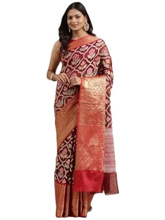 Buy Banarasi maroon & red ikkat patola art silk kanchi pattu border ...
