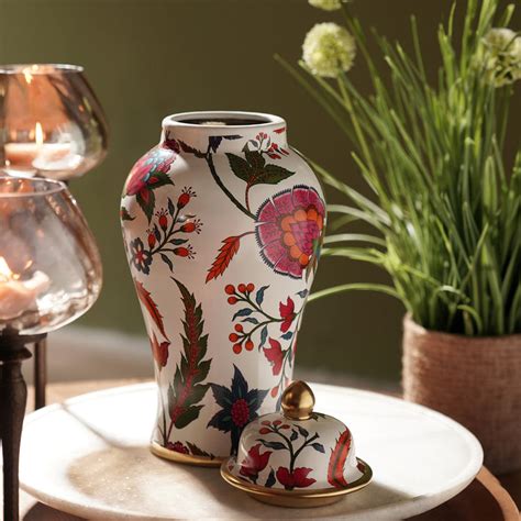 Shop Whie Floral Print Ceramic Urn with Lid - Small - at Best Price ...