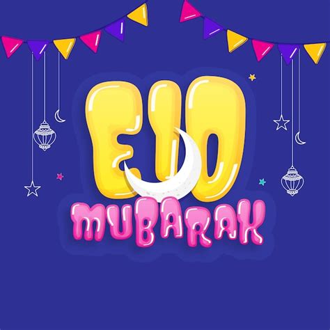 Elegante fonte Eid Mubarak com lua crescente estilo linear lanternas ...