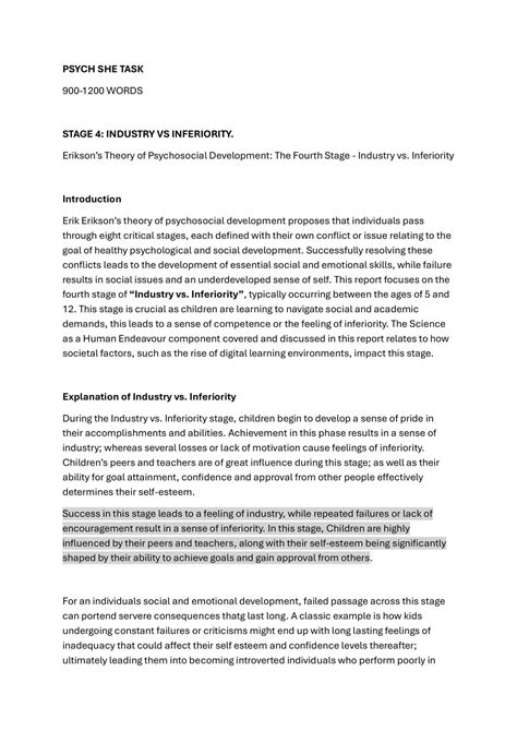 SHE task - eriksons theory INDUSTRY VS INFERIORITY | Psychology - Year 11 SACE | Thinkswap