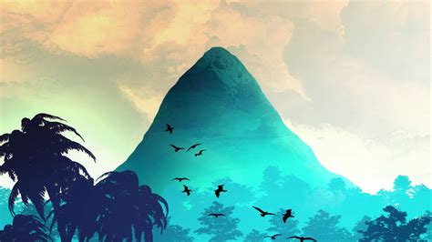 Download wallpaper 1920x1080 mountain, birds, trees, palm trees ...