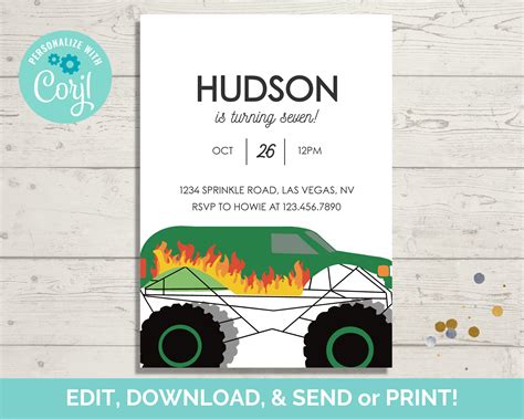 Editable monster truck party invitation template – Artofit