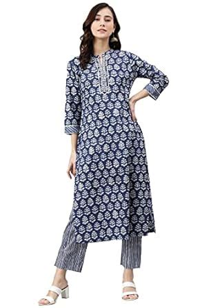 Buy Janasya Women's Navy Blue Cotton Kurta With Pant (SET359_XL) at ...