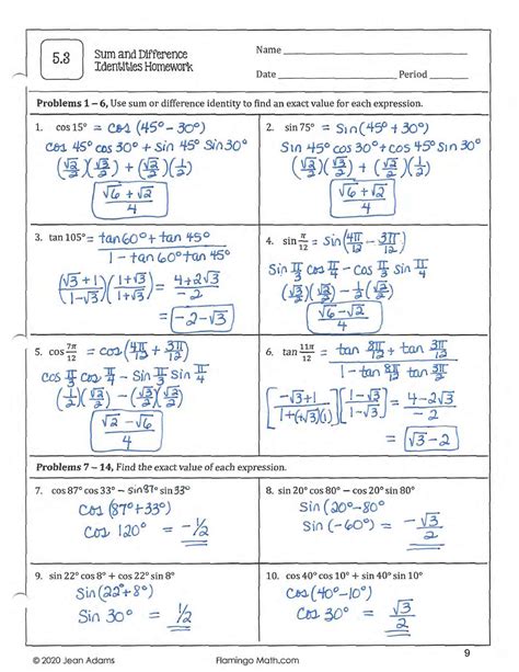 5.3 sum and difference identities homework - 5 Sum and Difference Name Identities Homework Date ...