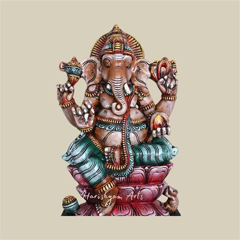 24" Double Lotus Seated Mangala Raja Ganesha with Modak Handcrafted Wo
